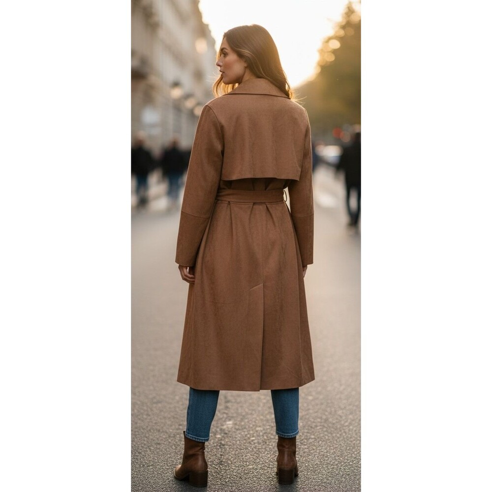 DESIGNER H&M TAN FAUX SUEDE BELTED MIDI LENGTH 48" TRENCH COAT SIZE XLARGE - Picture 12 of 16